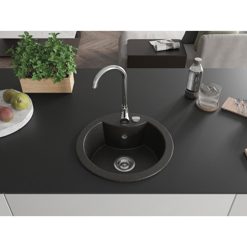 Mexen Diego granite sink 1-bowl 488 x 480 mm, black/gold metallic, chrome siphon - 6512481000-75