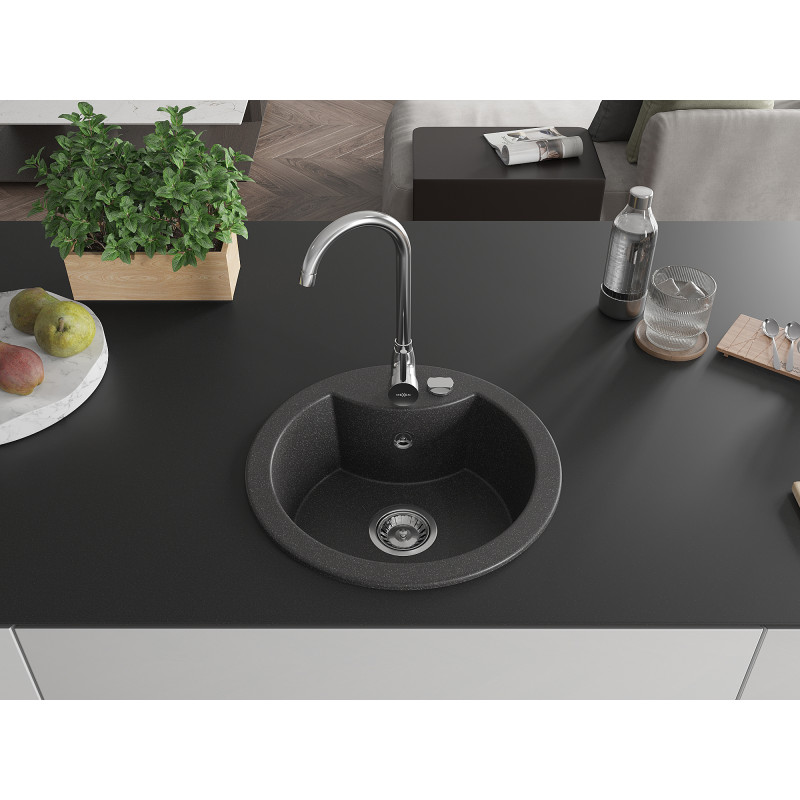 Mexen Diego granite kitchen sink 1-bowl 488 x 480 mm, black, chrome siphon - 6512481000-77