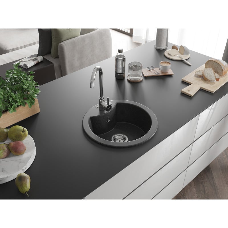Mexen Diego granite kitchen sink 1-bowl 488 x 480 mm, black, chrome siphon - 6512481000-77