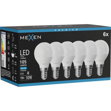 Mexen Nova 6x LED Bulb E14, G45, 1W, Cool - 6500K, 105 lm - L101-E14-0165-01x06