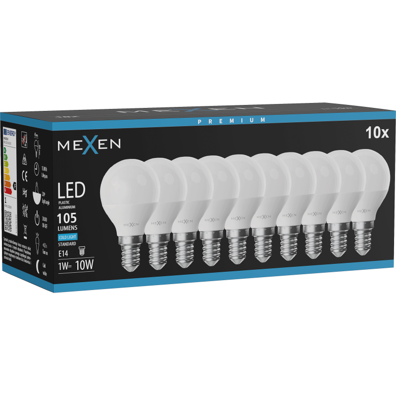 Mexen Nova 10x LED Bulb E14, G45, 1W, Cold - 6500K, 105 lm - L101-E14-0165-01x10