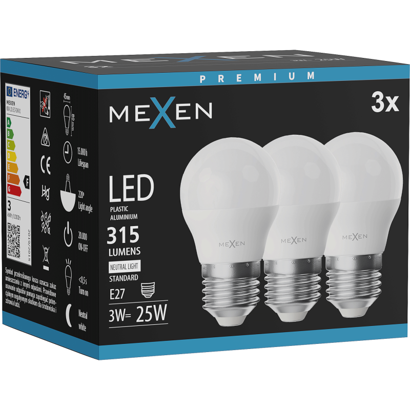Mexen Nova 3x LED Bulb E27, G45, 3W, Neutral - 4000K, 315 lm - L101-E27-0340-01x03