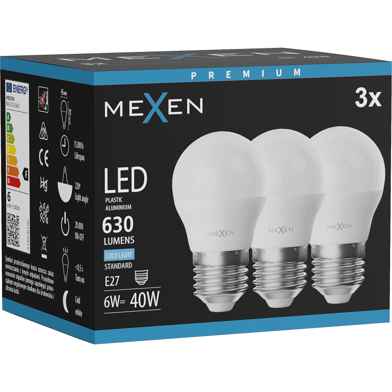 Mexen Nova 3x LED Bulb E27, G45, 6W, Cool - 6500K, 630 lm - L101-E27-0665-01x03