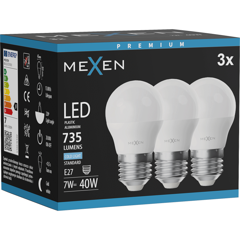 Mexen Nova 3x LED Bulb E27, G45, 7W, Cool - 6500K, 735 lm - L101-E27-0765-01x03