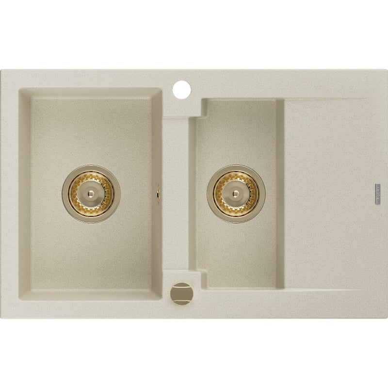 Mexen Gaspar 1.5-bowl granite sink with drainer 737 x 475 mm, beige, gold siphon - 6507731505-69-G