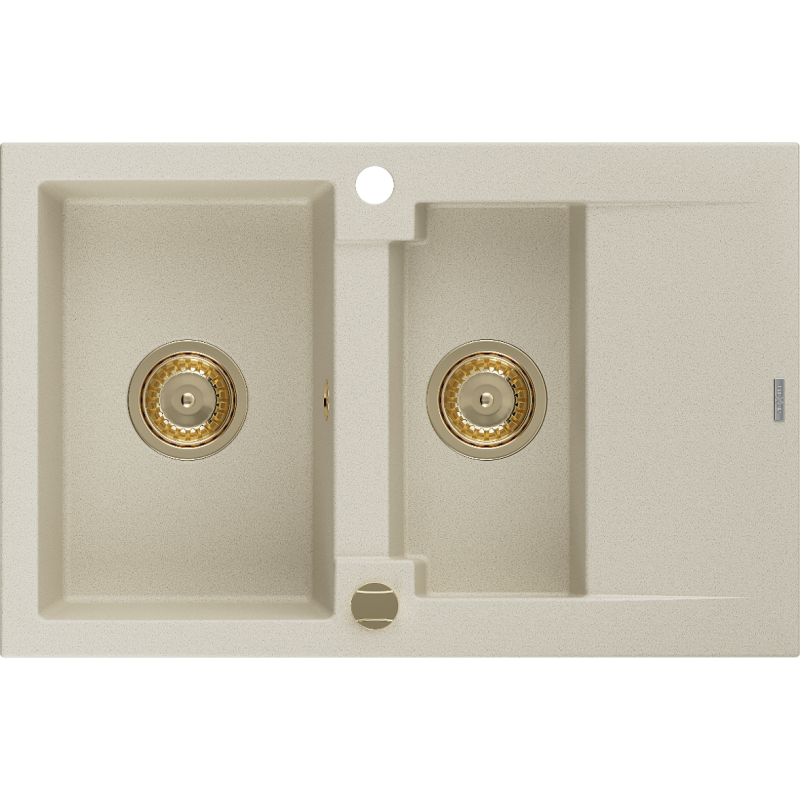 Mexen Gaspar granite sink 1.5-bowl with drainer 737 x 475 mm, beige, golden siphon - 6507731505-69-G