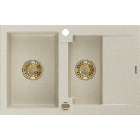 Mexen Gaspar granite sink 1.5-bowl with drainer 737 x 475 mm, beige, golden siphon - 6507731505-69-G