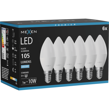 Mexen Nova 6x LED Bulb E14, C37, 1W, Cold - 6500K, 105 lm - L102-E14-0165-01x06