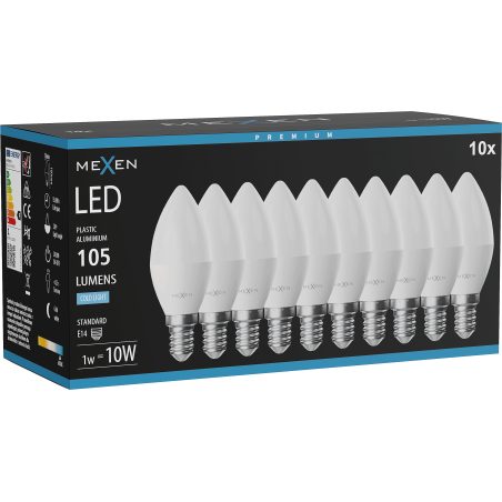 Mexen Nova 10x LED Bulb E14, C37, 1W, Cold - 6500K, 105 lm - L102-E14-0165-01x10