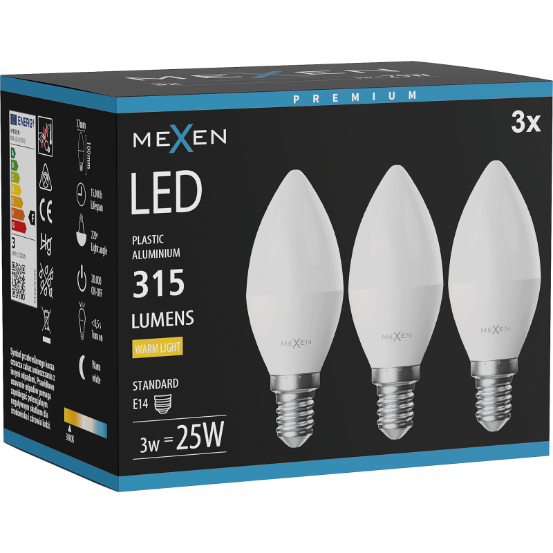 Mexen Nova 3x LED Bulb E14, C37, 3W, Warm - 3000K, 315 lm - L102-E14-0330-01x03