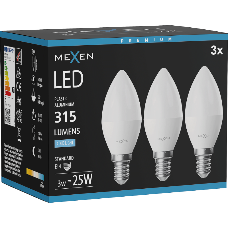 Mexen Nova 3x LED Bulb E14, C37, 3W, Cool - 6500K, 315 lm - L102-E14-0365-01x03