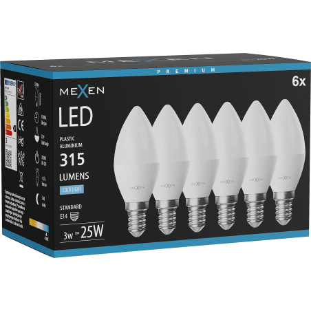 Mexen Nova 6x LED Bulb E14, C37, 3W, Cool - 6500K, 315 lm - L102-E14-0365-01x06