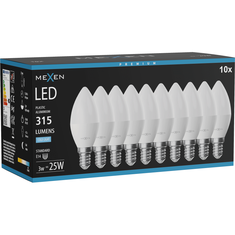 Mexen Nova 10x LED Bulb E14, C37, 3W, Cold - 6500K, 315 lm - L102-E14-0365-01x10