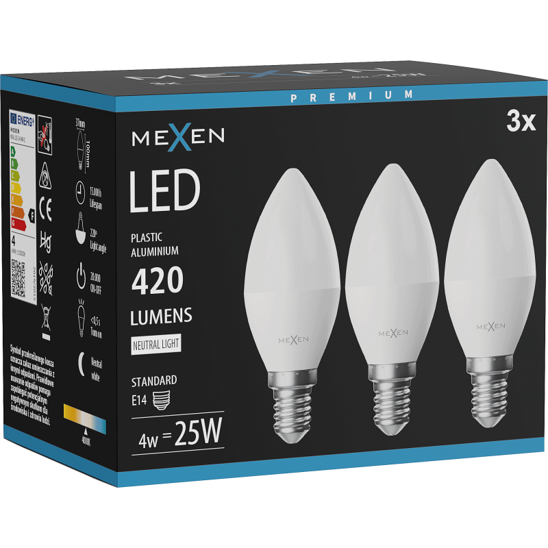 Mexen Nova 3x LED Bulb E14, C37, 4W, Neutral - 4000K, 420 lm - L102-E14-0440-01x03