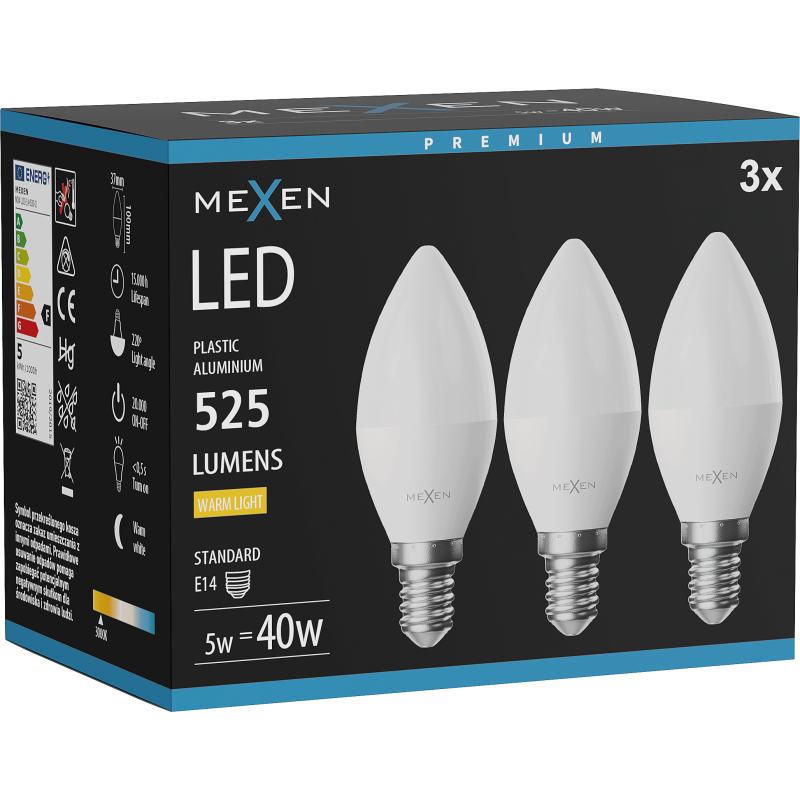 Mexen Nova 3x LED Bulb E14, C37, 5W, Warm - 3000K, 525 lm - L102-E14-0530-01x03