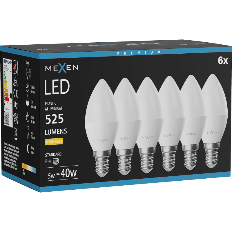 Mexen Nova 6x LED Bulb E14, C37, 5W, Warm - 3000K, 525 lm - L102-E14-0530-01x06