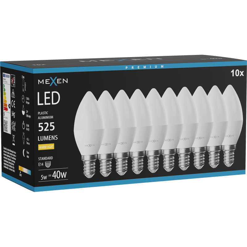 Mexen Nova 10x LED Bulb E14, C37, 5W, Warm - 3000K, 525 lm - L102-E14-0530-01x10