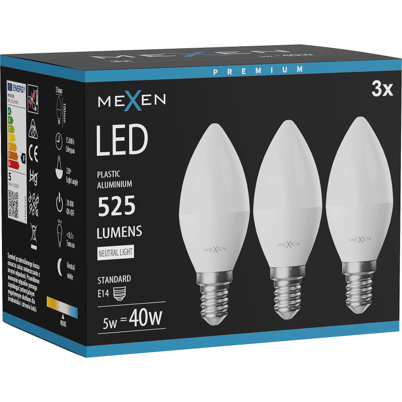 Mexen Nova 3x LED Bulb E14, C37, 5W, Neutral - 4000K, 525 lm - L102-E14-0540-01x03