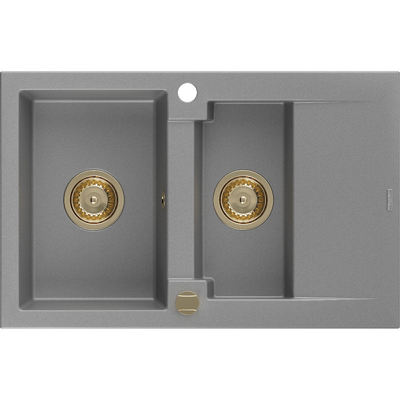 Mexen Gaspar 1.5-bowl granite sink with drainer 737 x 475 mm, gray, gold siphon - 6507731505-71-G