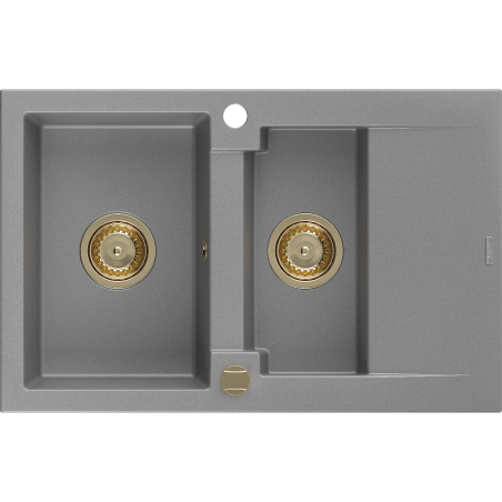 Mexen Gaspar granite sink 1.5-bowl with drainer 737 x 475 mm, gray, gold siphon - 6507731505-71-G
