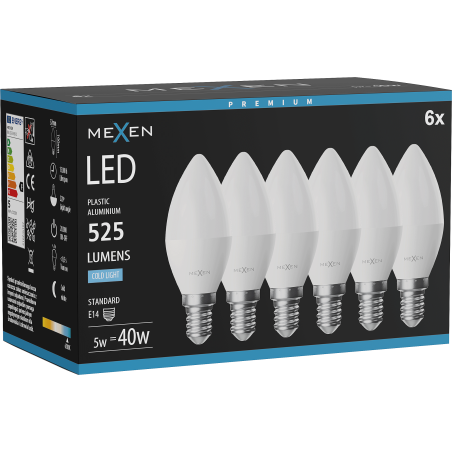 Mexen Nova 6x LED Bulb E14, C37, 5W, Cold - 6500K, 525 lm - L102-E14-0565-01x06