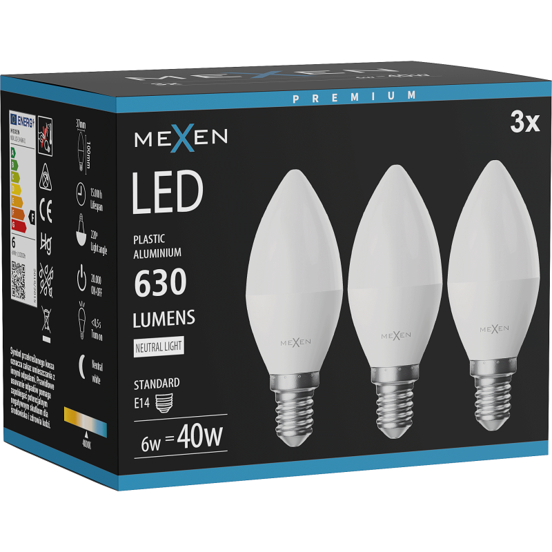 Mexen Nova 3x LED Bulb E14, C37, 6W, Neutral - 4000K, 630 lm - L102-E14-0640-01x03