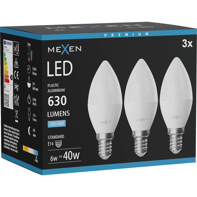 Mexen Nova 3x LED Bulb E14, C37, 6W, Cool - 6500K, 630 lm - L102-E14-0665-01x03