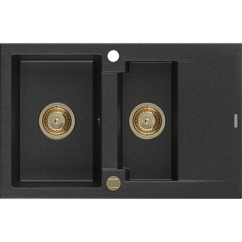 Mexen Gaspar 1.5-compartment granite sink with a drip tray 737 x 475 mm, Black/Silver metallic, siphon Gold - 6507731505-73-G