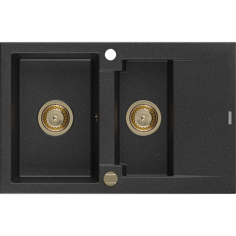 Mexen Gaspar granite sink 1.5-bowl with drainer 737 x 475 mm, black/silver metallic, gold siphon - 6507731505-73-G