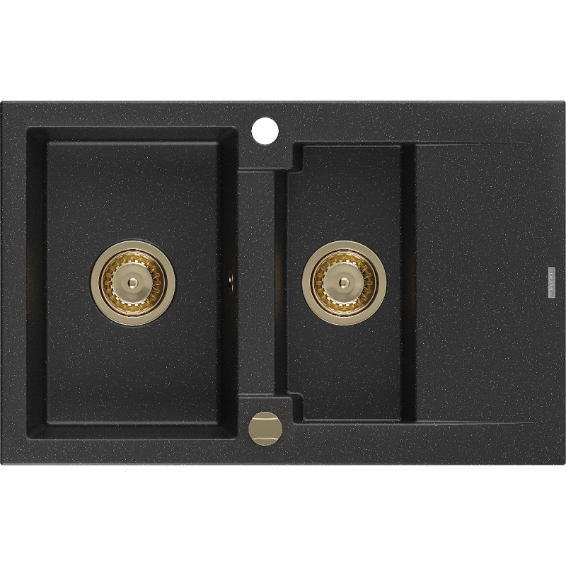 Mexen Gaspar granite sink 1.5-bowl with drainer 737 x 475 mm, black/silver metallic, golden siphon - 6507731505-73-G