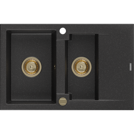 Mexen Gaspar granite sink 1.5-bowl with drainer 737 x 475 mm, black/silver metallic, gold siphon - 6507731505-73-G