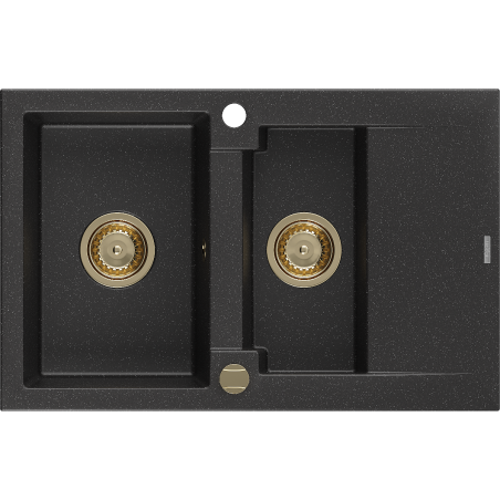 Mexen Gaspar granite sink 1.5-bowl with drainer 737 x 475 mm, black/silver metallic, golden siphon - 6507731505-73-G