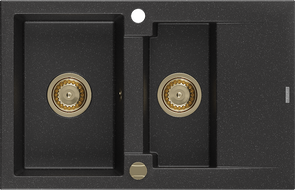 Mexen Gaspar granite sink 1.5-bowl with drainer 737 x 475 mm, black/silver metallic, golden siphon - 6507731505-73-G