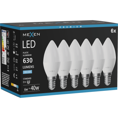 Mexen Nova 6x LED Bulb E14, C37, 6W, Cool - 6500K, 630 lm - L102-E14-0665-01x06