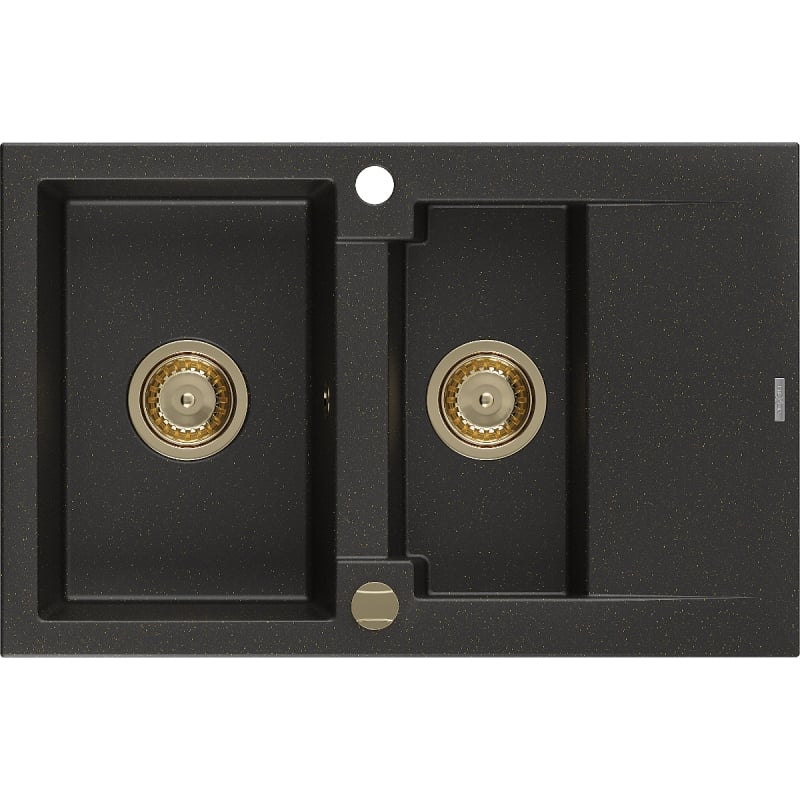 Mexen Gaspar 1.5-bowl granite sink with drainer 737 x 475 mm, black/gold metallic, gold siphon - 6507731505-75-G