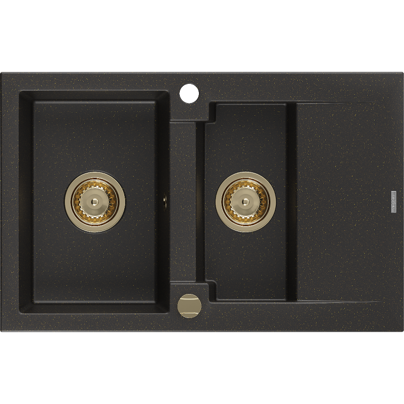 Mexen Gaspar 1.5-Bowl Granite Sink with Drainer 737 x 475 mm, Black/Gold Metallic, Gold Trap - 6507731505-75-G