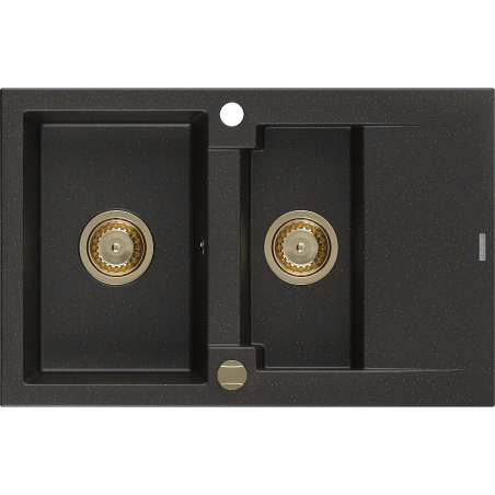 Mexen Gaspar 1.5-bowl granite sink with drainer 737 x 475 mm, black/gold metallic, gold siphon - 6507731505-75-G