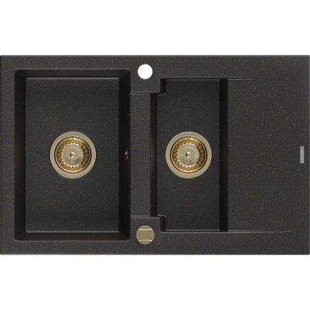 Mexen Gaspar 1.5-Bowl Granite Sink with Drainer 737 x 475 mm, Black/Gold Metallic, Gold Trap - 6507731505-75-G
