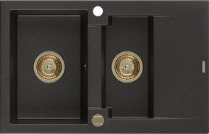 Mexen Gaspar 1.5-Bowl Granite Sink with Drainer 737 x 475 mm, Black/Gold Metallic, Gold Trap - 6507731505-75-G
