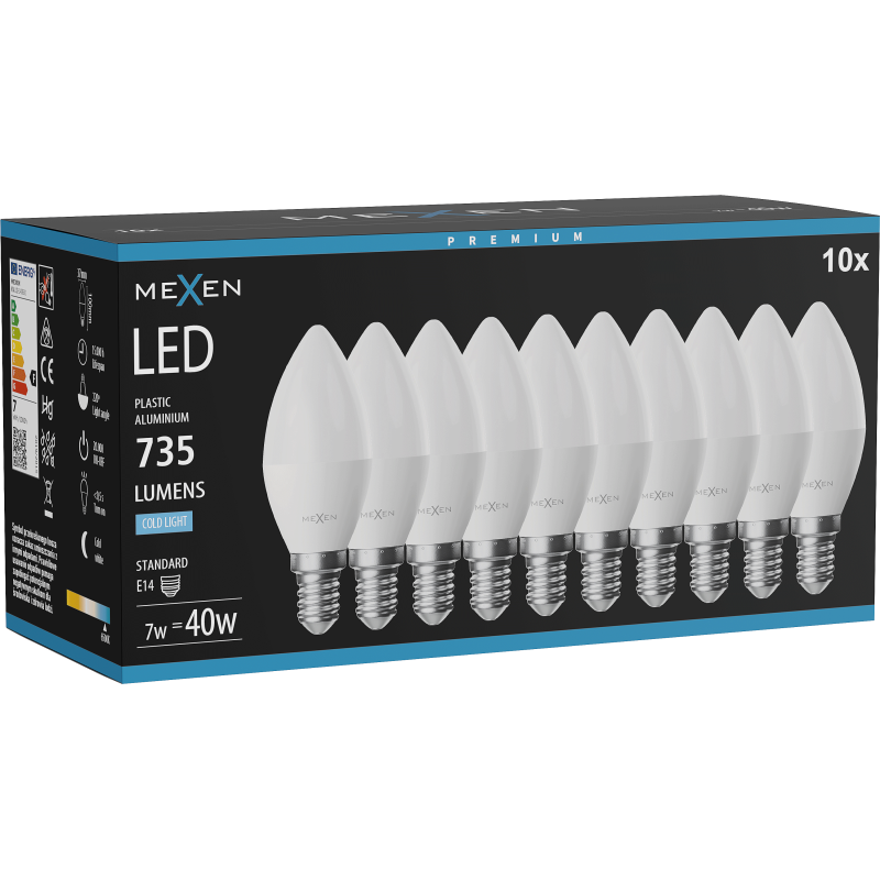 Mexen Nova 10x LED Bulb E14, C37, 7W, Cold - 6500K, 735 lm - L102-E14-0765-01x10