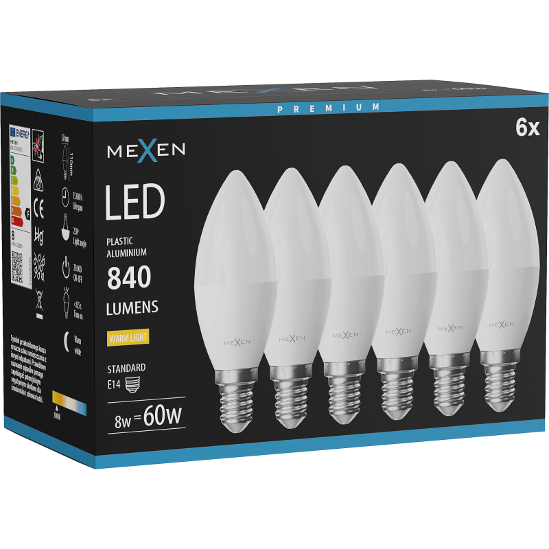 Mexen Nova 6x LED Bulb E14, C37, 8W, Warm - 3000K, 840 lm - L102-E14-0830-01x06