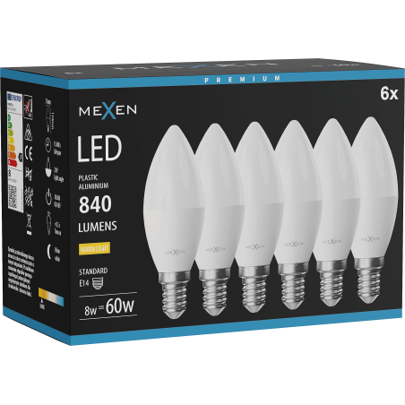 Mexen Nova 6x LED Bulb E14, C37, 8W, Warm - 3000K, 840 lm - L102-E14-0830-01x06