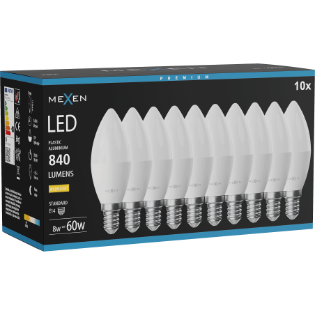 Mexen Nova 10x LED Bulb E14, C37, 8W, Warm - 3000K, 840 lm - L102-E14-0830-01x10