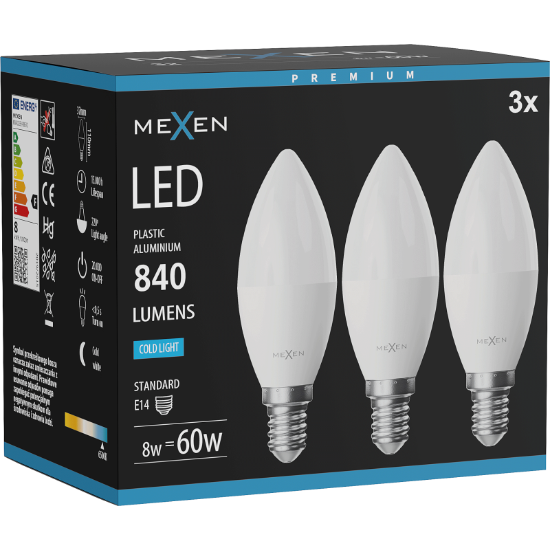 Mexen Nova 3x LED Bulb E14, C37, 8W, Cool - 6500K, 840 lm - L102-E14-0865-01x03