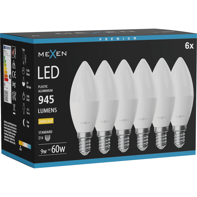 Mexen Nova 6x LED Bulb E14, C37, 9W, Warm - 3000K, 945 lm - L102-E14-0930-01x06