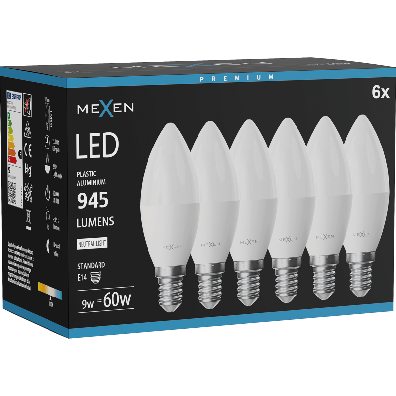 Mexen Nova 6x LED Bulb E14, C37, 9W, Neutral - 4000K, 945 lm - L102-E14-0940-01x06