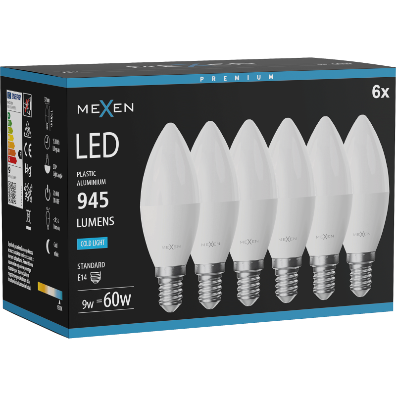 Mexen Nova 6x LED Bulb E14, C37, 9W, Cool - 6500K, 945 lm - L102-E14-0965-01x06