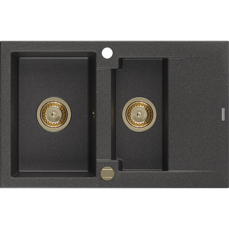 Mexen Gaspar 1.5-Bowl Granite Sink with Drainer 737 x 475 mm, Black Speckled, Gold Siphon - 6507731505-76-G