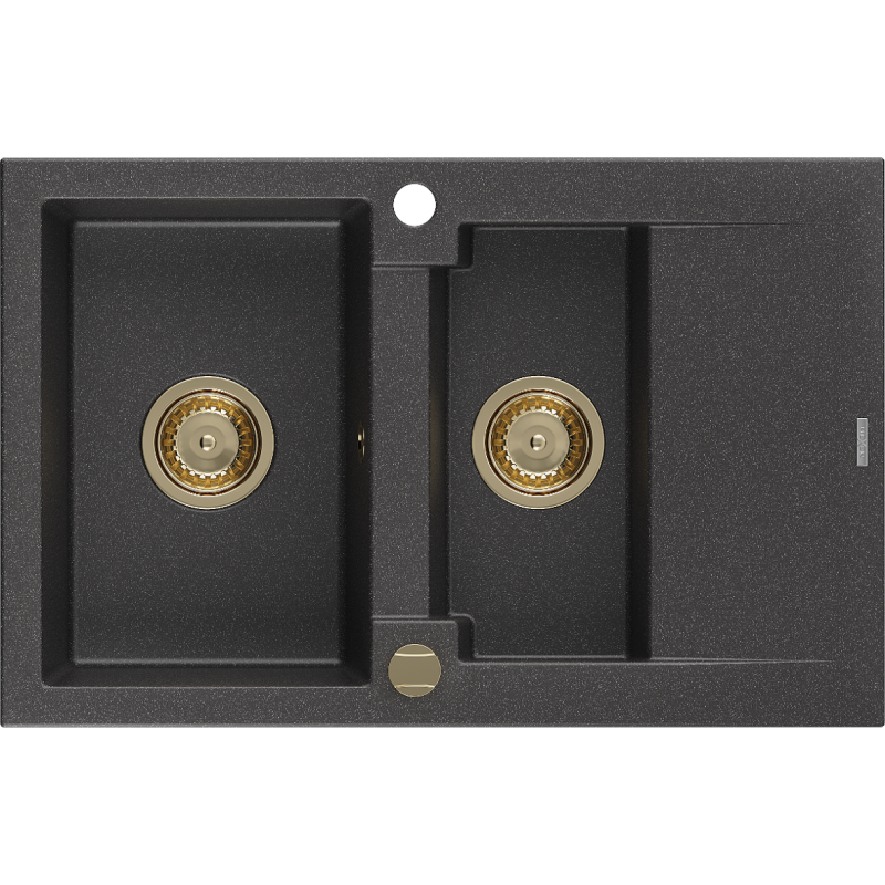 Mexen Gaspar granite sink 1.5-bowl with drainer 737 x 475 mm, black speckled, golden siphon - 6507731505-76-G