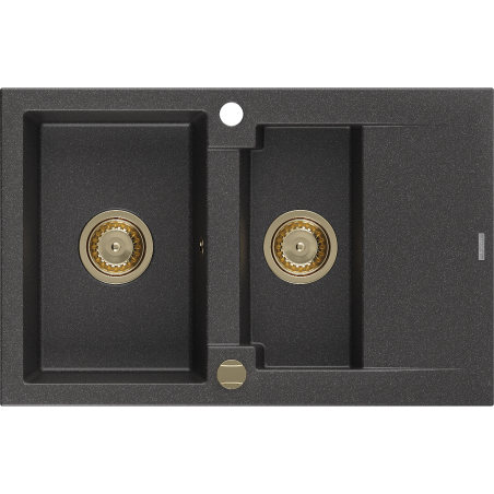Mexen Gaspar 1.5-Bowl Granite Sink with Drainer 737 x 475 mm, Black Speckled, Gold Siphon - 6507731505-76-G